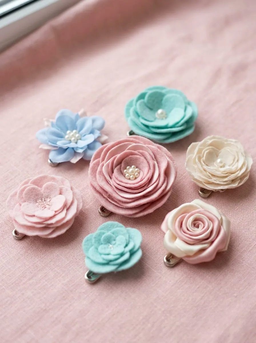 Pastel renkli kumaş çiçek ve broşlar